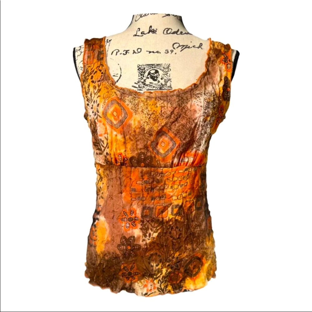Multi colored size small “crinkled” top with an attached orange tank underneath.